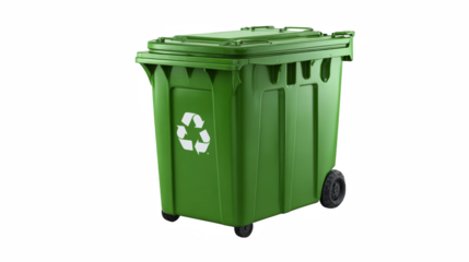 A green recycling bin stands ready for sorted waste, symbolizing eco-consciousness and waste management with a transparent background.