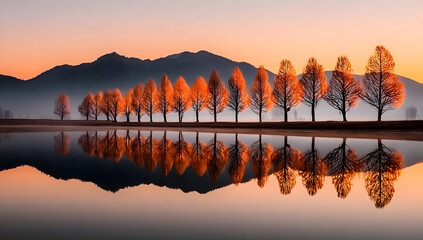 A serene landscape featuring a row of vibrant autumn trees reflected in a calm body of water, framed by majestic mountains under a colorful sunset sky.