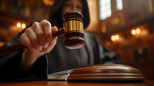 Close-up of woman judge preparing to bang gavel on sound block, courtroom justice concept, symbol of authority, decision-making, and legal verdict announcement - Powered by Adobe