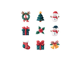 Naklejka premium Christmas Icons Wreath Tree Snowman Gift Stocking Bells Holly holiday winter