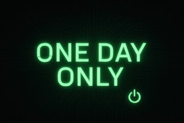 Neon green "One Day Only" text with a power icon on a dark circuit-patterned background, suggesting urgency and limited-time offers.