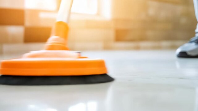 Orange cleaning brush on bright surface with sunlight. Great for household maintenance tutorials and cleaning equipment catalogs.