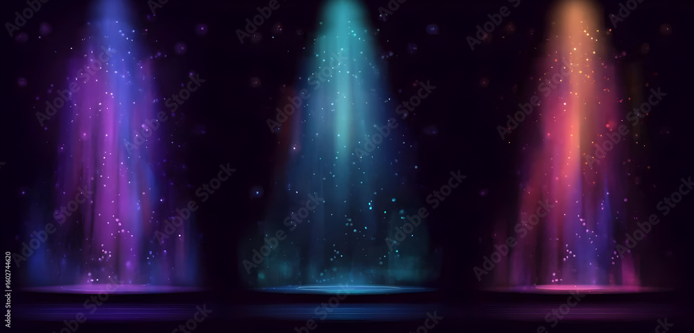 Poster a stunning display of colorful light beams illuminating a dark background, creating a magical atmosp