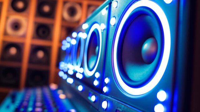 Blue LED speakers with illuminated design elements. Perfect for audio equipment advertising and electronic product showcases.