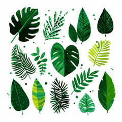Vector illustration in hand-drawn flat style showing various tropical green leaves with lively shapes and textures. The image uses shades of green and yellow, creating a vibrant botanical theme.
