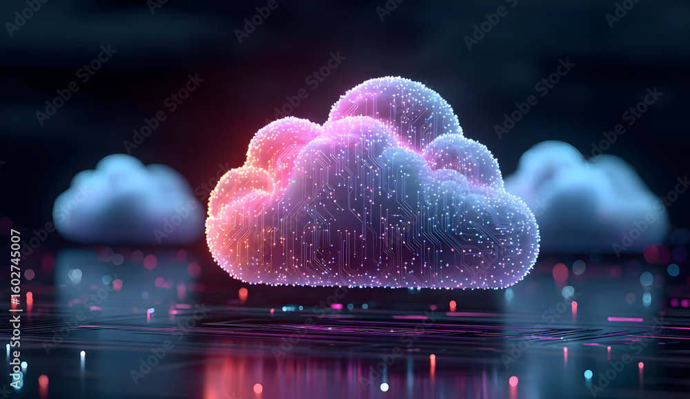 Poster a vibrant, futuristic digital cloud surrounded by glowing particles, representing cloud computing an