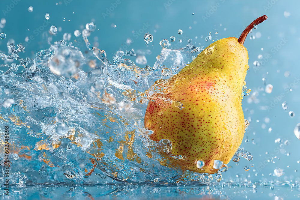 Poster a vibrant yellow pear splashes into crystal-clear water, creating dynamic splashes and droplets that