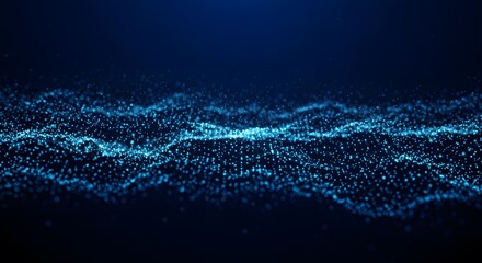 A mesmerizing abstract digital wave composed of countless glowing blue particles shimmering against a dark deep blue background