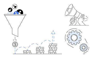 Funnel filtering leads into revenue as coins, megaphone amplifying outreach, and gears for optimization. Ideal for marketing, conversion, strategy, revenue, analytics, automation growth strategies