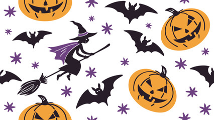 A whimsical halloween pattern featuring a witch flying on a broomstick surrounded by jack o lanterns bats and purple starbursts on a white background