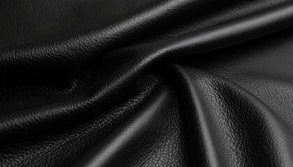 A macro shot of black leather with subtle texture patterns, enhanced by dramatic side lighting.
