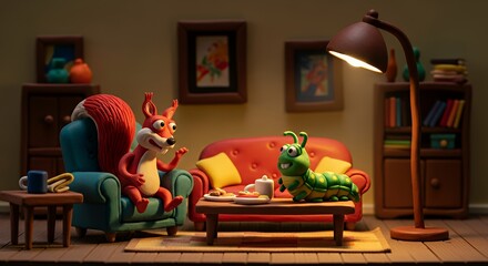 Colorful Animated Characters Sitting in Cozy Living Room Scene with Sofa and Armchair