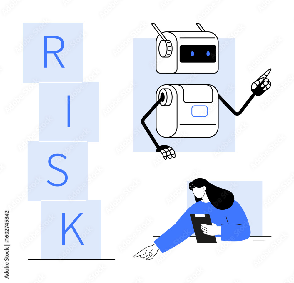 Poster robot gesturing above blocks spelling risk while professional reviews data on a tablet. ideal for ai