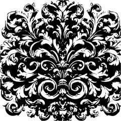 Obraz premium Detailed black and white floral ornament with symmetrical swirls and leaf patterns creating a dense design