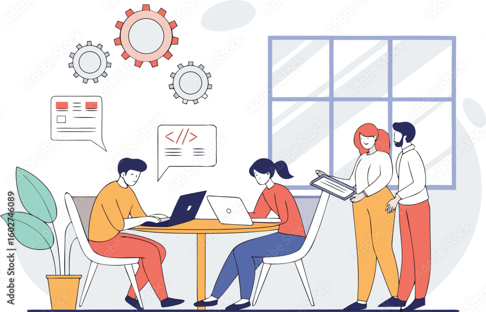 Poster diverse team collaborating on a project with laptops and gears symbolizing teamwork and technologica