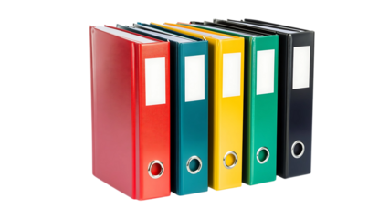 A row of five colorful ring binders standing upright against a black background in a studio setting
