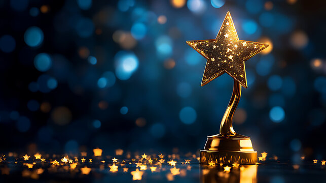 Luxurious gold first-place trophy with ascending star motif, designed for championship or excellence recognition, displayed on a dark navy background with clean empty space