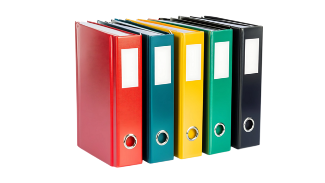 A row of five colorful ring binders standing upright against a black background in a studio setting
