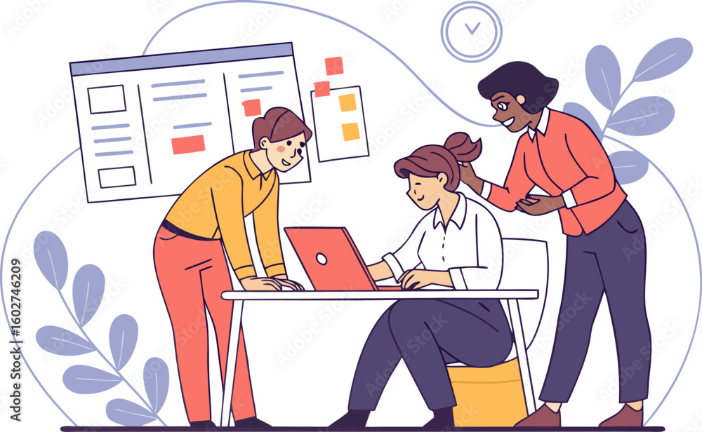 Poster diverse team collaborates on a project brainstorming ideas and working together at a desk with a lap