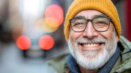 Happy elderly man with beard and glasses smiling outdoors in winter. Perfect for positive aging and lifestyle brand campaigns.