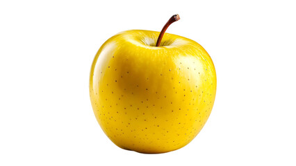A single golden delicious apple with a brown stem on a black background in a studio shot
