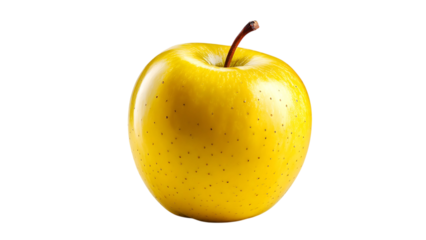 A single golden delicious apple with a brown stem on a black background in a studio shot

