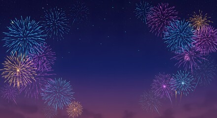 Fototapeta premium A stunning array of colorful fireworks in pink blue and yellow creates a festive arc across the dark starry night sky