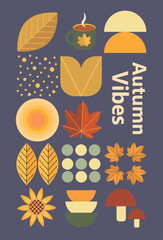 Autumn simple poster set. Autumn flyer set of designs Scandinavian mosaic. Banner autumn elements. Autumn design poster. Vector illustration.	