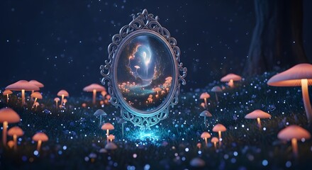 Enchanting Forest Mirror Reflecting a Magical Realm Surrounded by Glowing Mushrooms and Sparkling Stardust	