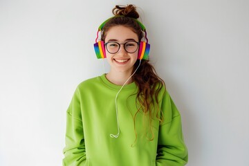 A girl with headphones listening music also with glasses 