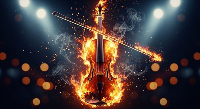 Fiery Violin with Bow Surrounded by Flames and Smoke in Dramatic Concert Stage Setting