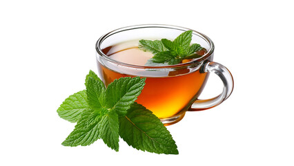 Clear cup of tea with fresh mint leaves on a black background in a close up studio shot view
