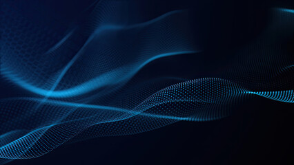 Abstract blue wave form with blue light digital effect on black background. Network communication wave signal technology futuristic concept.