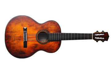 Acoustic guitar on white background, top view