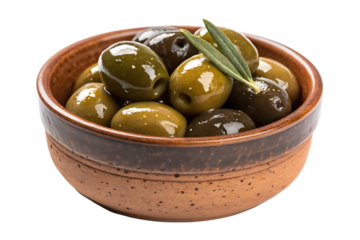  olives in ceramic brown bowl  isolated on white background PNG, AI GENERATED