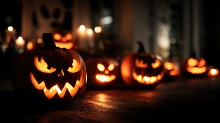 Glowing carved pumpkins illuminate dark Halloween night jack lanterns