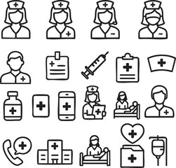 Medical and Nurse Line Icon Set – Healthcare, Hospital, and Patient Care Symbols