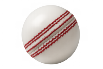 Close-up of a new, white cricket ball featuring a prominent red seam, isolated on a transparent background, ready for editing and compositing