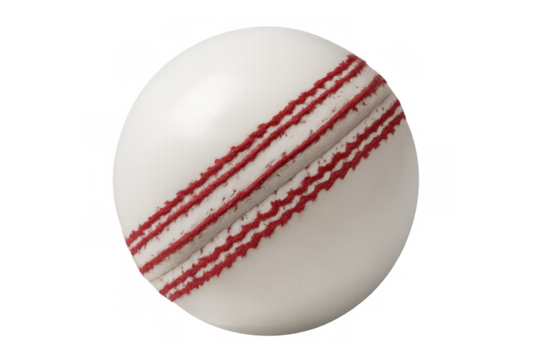 Close-up of a new, white cricket ball featuring a prominent red seam, isolated on a transparent background, ready for editing and compositing
