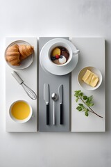 Wholesome Breakfast Flatlay with Croissants, Fruit Dessert, Orange Juice, Butter, and Mint – Cozy Culinary Composition on Neutral Background