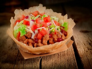 Delicious taco salad in a crispy tortilla bowl on rustic wood table