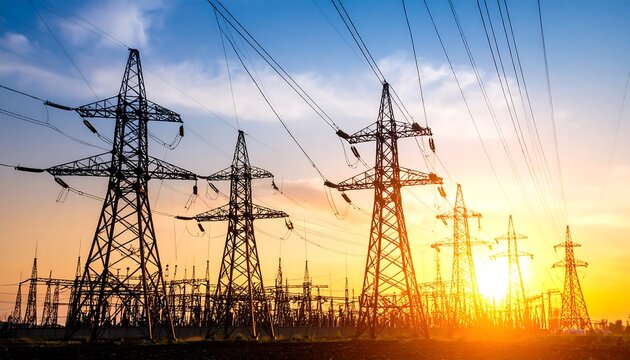 Silhouette of power transmission towers at sunset