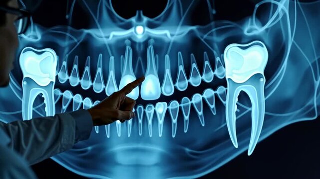 panoramic x-ray, dental diagnosis, jaw structure. Dental health. Dentists identify tooth abnormalities. X-ray shows maxillary growth. Radiology aids oral surgery.