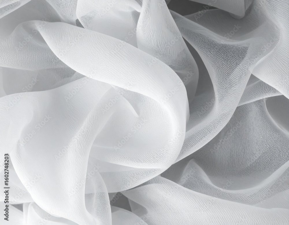 Poster close up of soft white sheer fabric with delicate texture and flowing drape