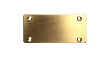 A shiny gold metal plate with four screws on a black isolated background