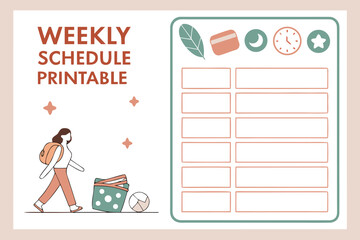 Charming weekly schedule printable template featuring a stylized person walking with a backpack and various icons for planning activities
