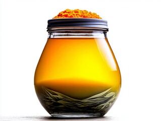 Golden elixir with tea leaves and turmeric powder, beautifully captured in glass
