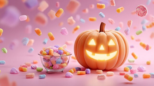 Glowing jackolantern with falling colorful candies halloween pumpkin