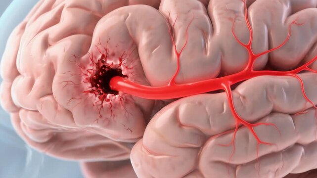Detailed 3D animation illustrating a cerebral hemorrhage event where a red artery ruptures within the human brain, causing significant tissue damage and bleeding, visualizing a stroke.