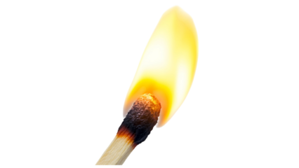 A close up shot of a lit matchstick with a bright yellow flame on black background